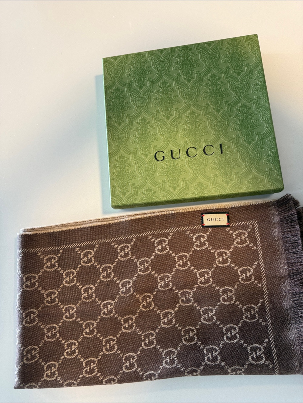 Gucci Brown and Beige GG-Pattern Wool Scarf